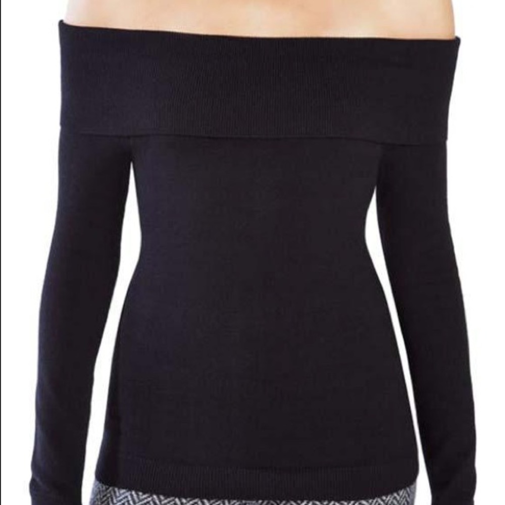 BCBGMaxAzria Black Off the Shoulder Long Sleeve Fold Over Neck Sweater